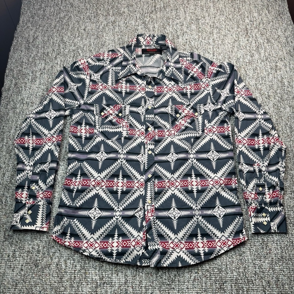 Rock & Roll Denim Shirt Mens Large Aztec Western Modern Fit Pearl Snap